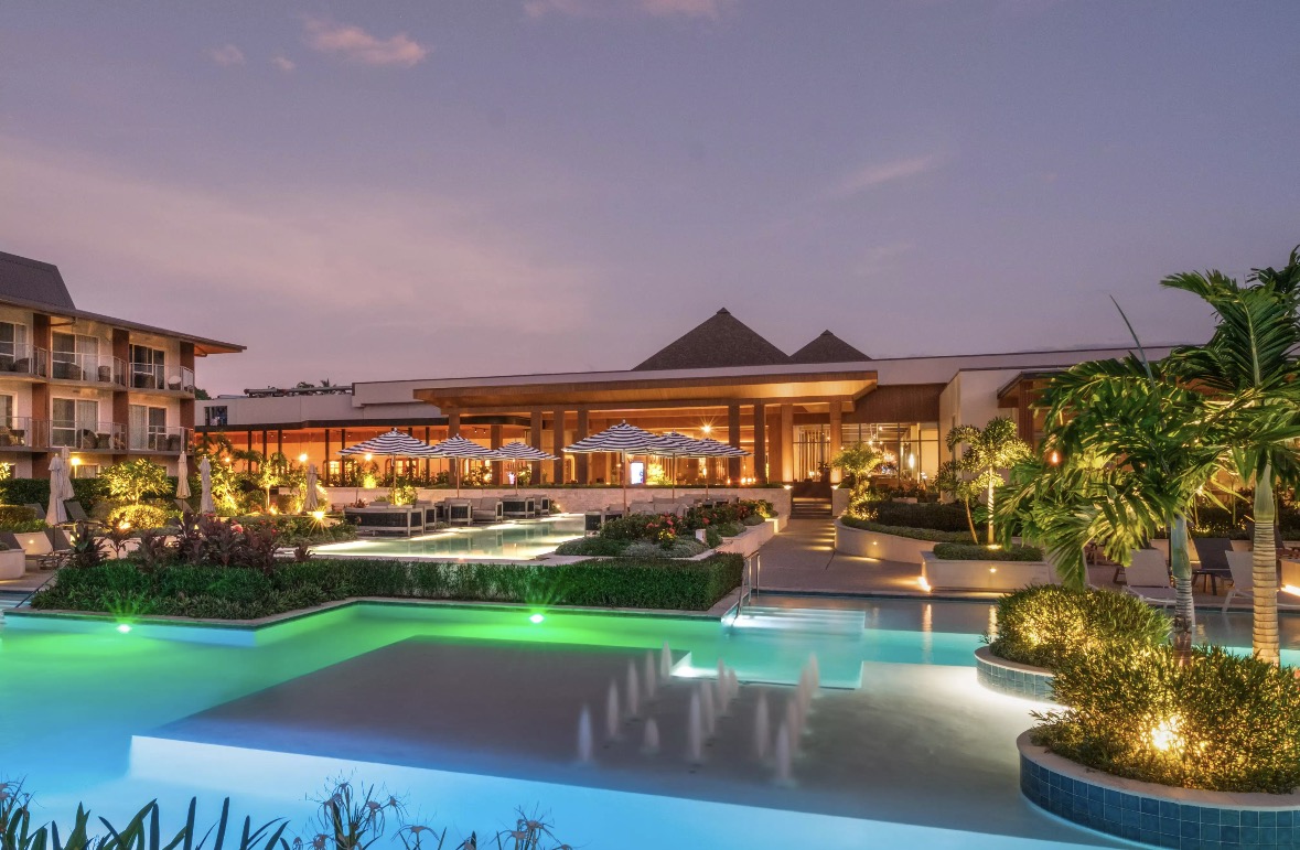 The resort pools at dusk