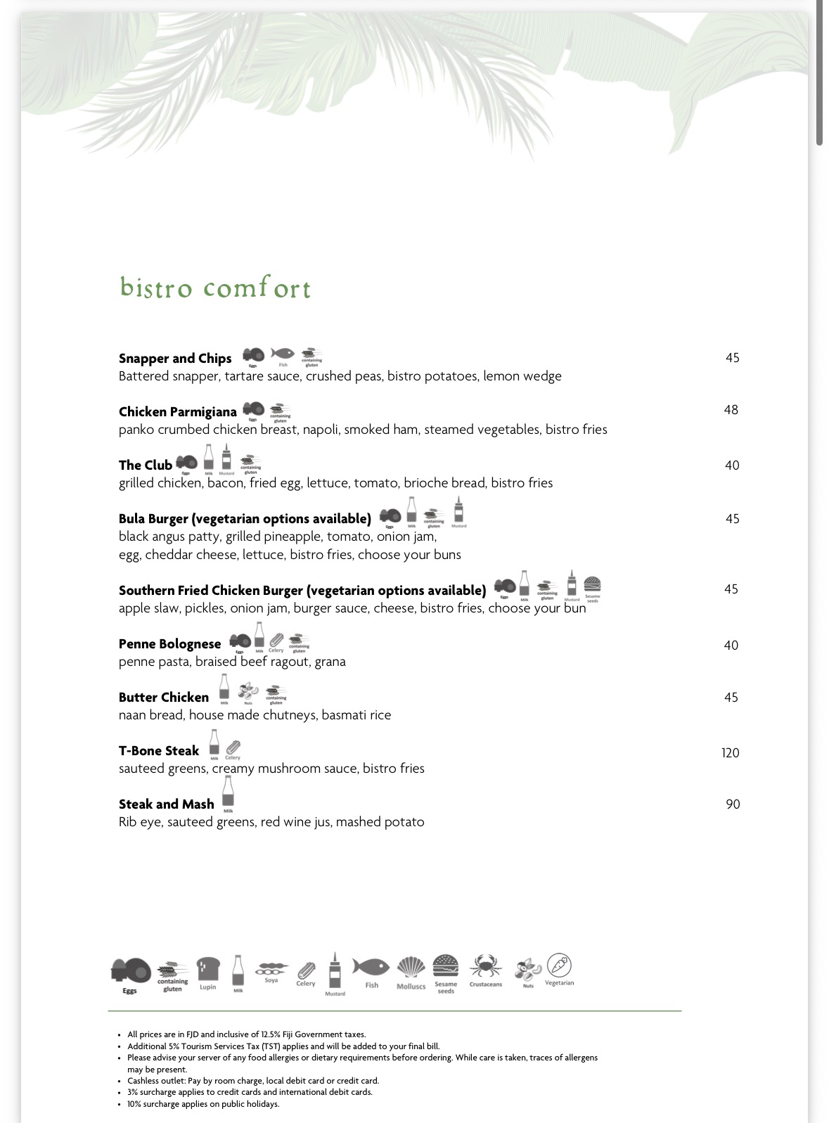 Harvest sample menu: Bistro comfort, supplied October 2026, with prices in Fiji dollars