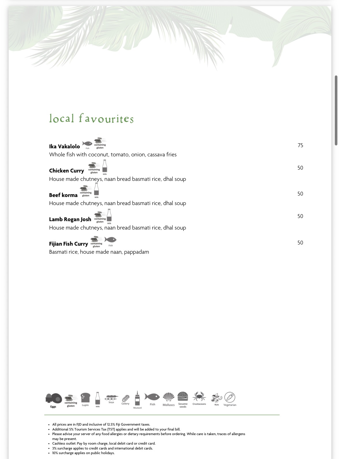 Harvest sample menu: Local favourites · Curries, supplied October 2026, with prices in Fiji dollars