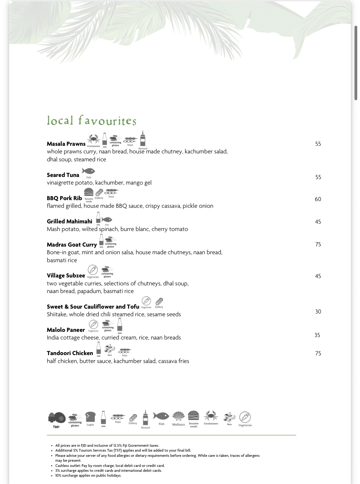 Harvest sample menu: Local favourites, supplied October 2026, with prices in Fiji dollars