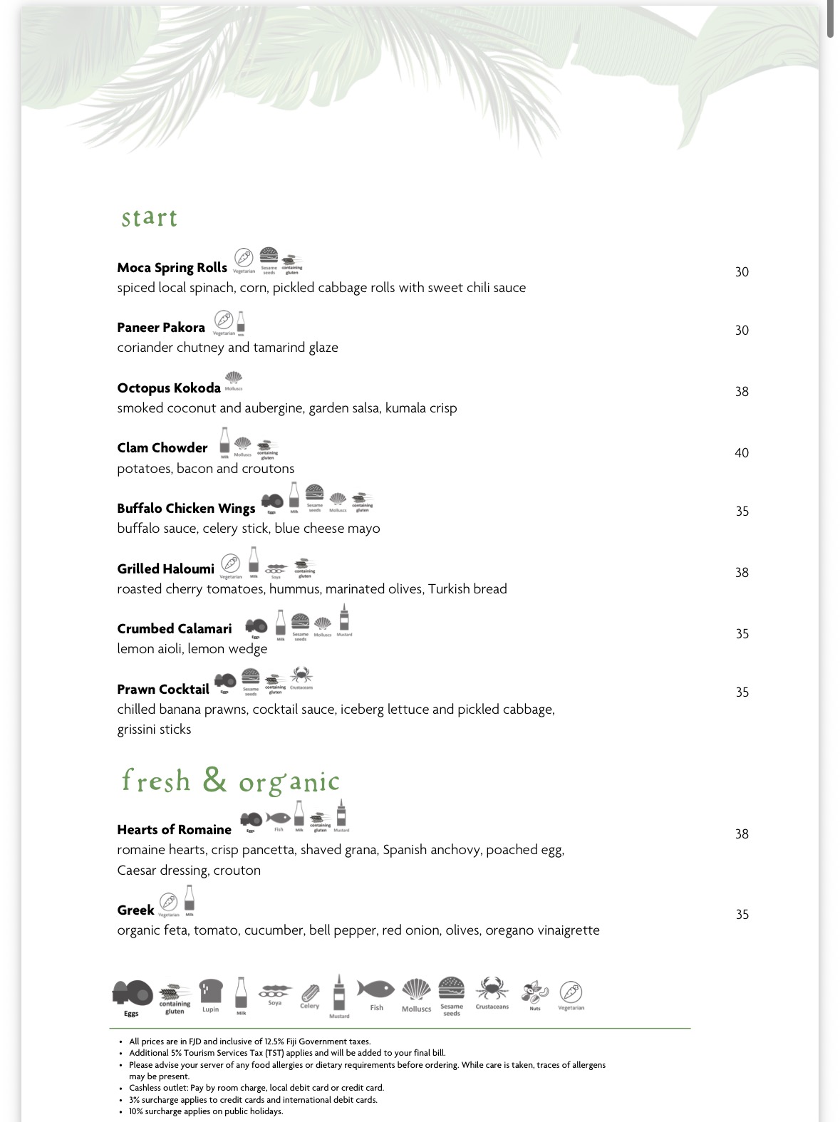 Harvest sample menu: Starters & salads, supplied October 2026, with prices in Fiji dollars