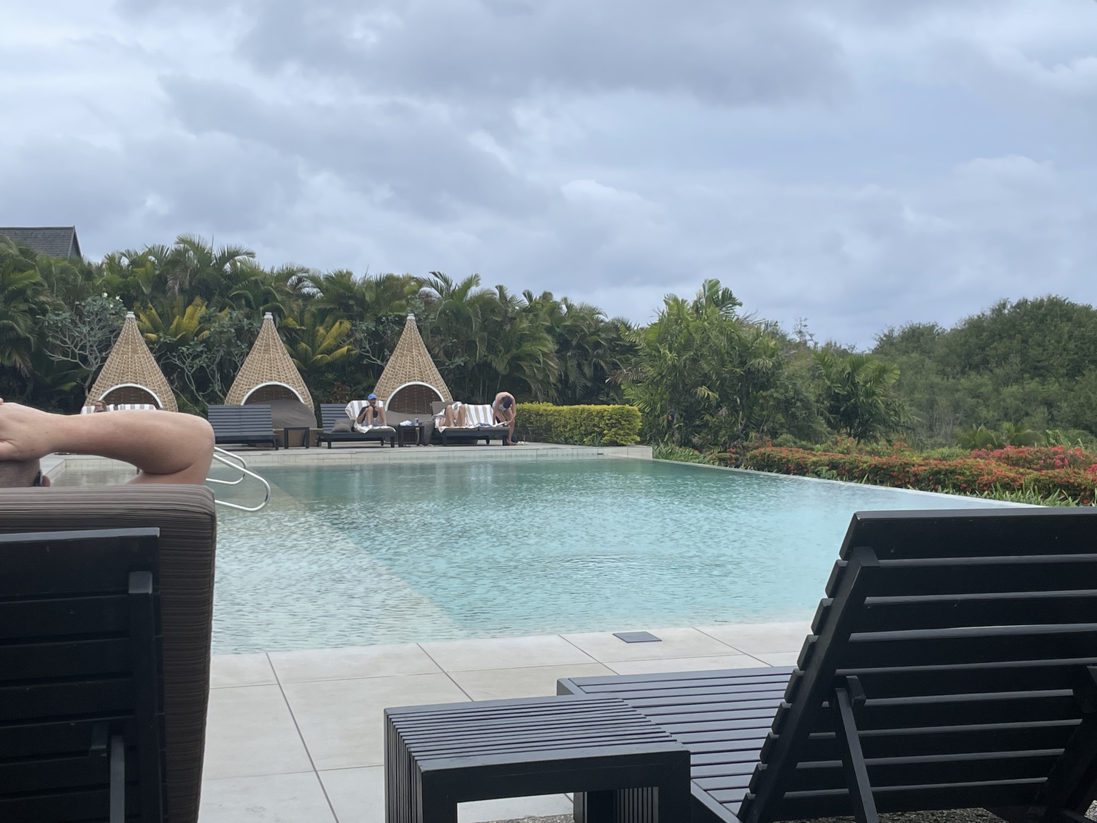 Club pool with sun loungers and woven nest seats among tropical planting