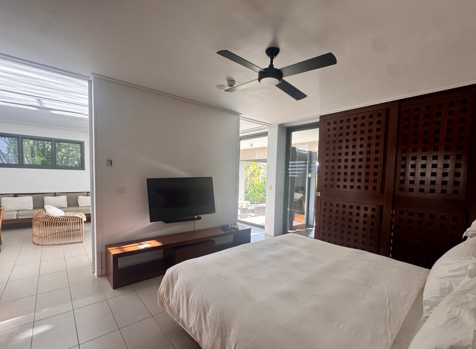 Looking from the main bedroom towards the shared living area and terrace.