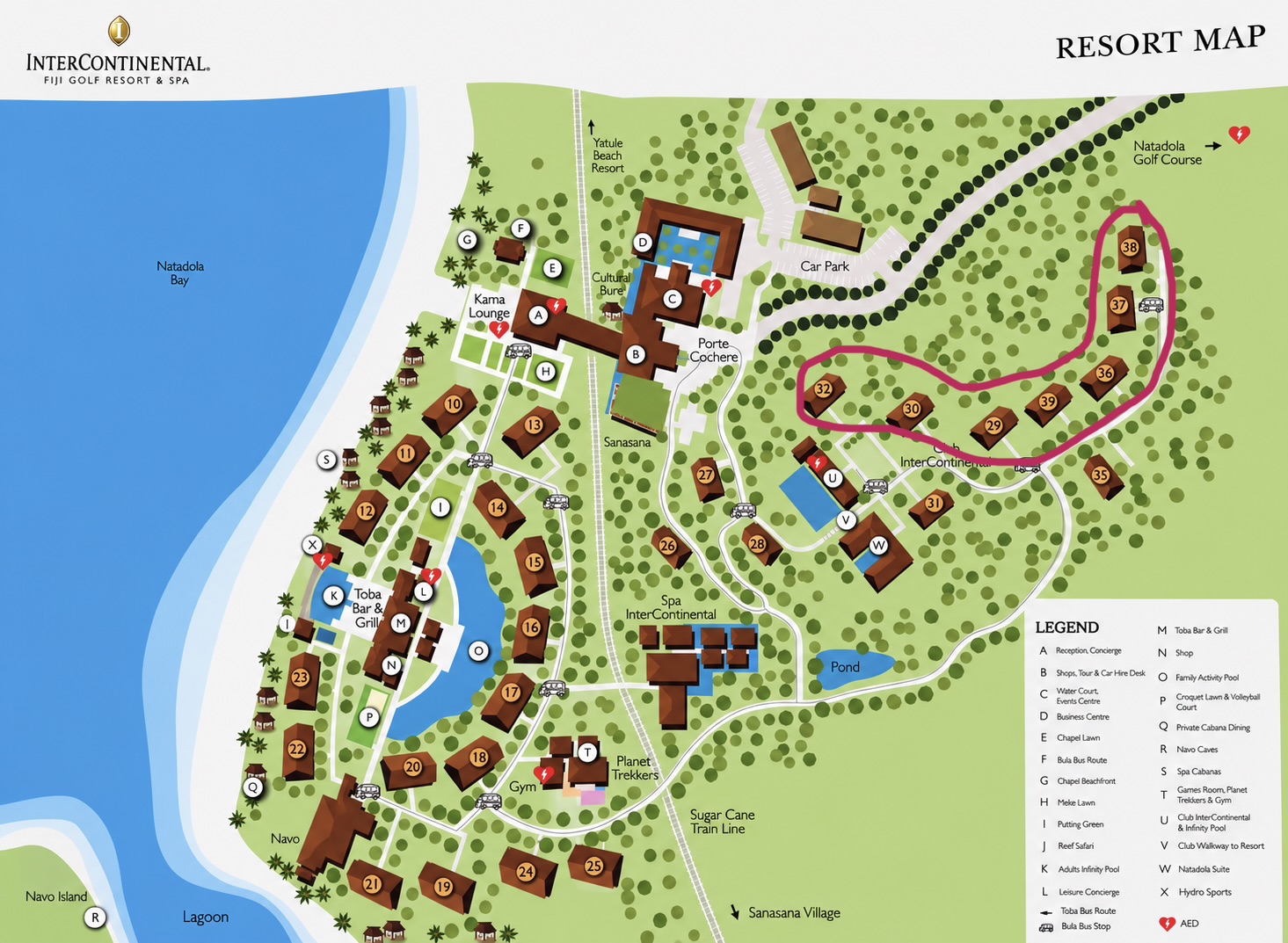 Resort map with Club blocks 29, 30, 32, 36, 37, 38 and 39 circled in pink