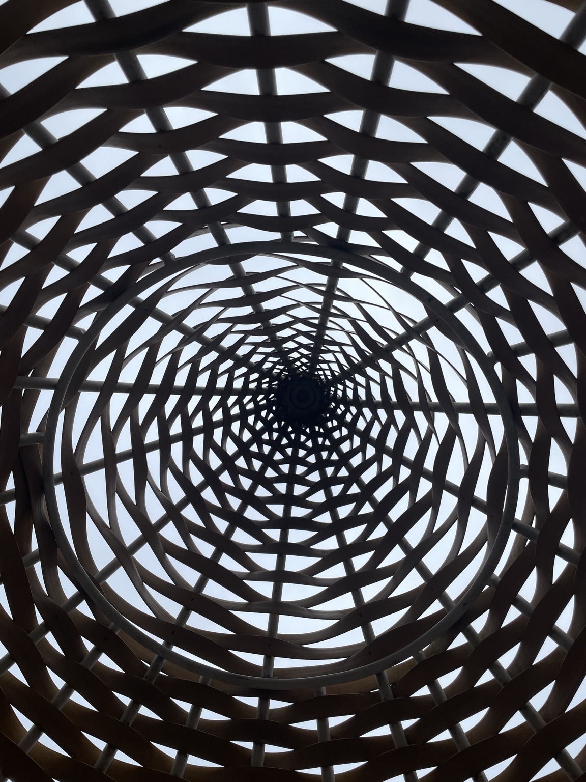 Looking up through the intricate woven structure of a poolside nest at InterContinental Fiji