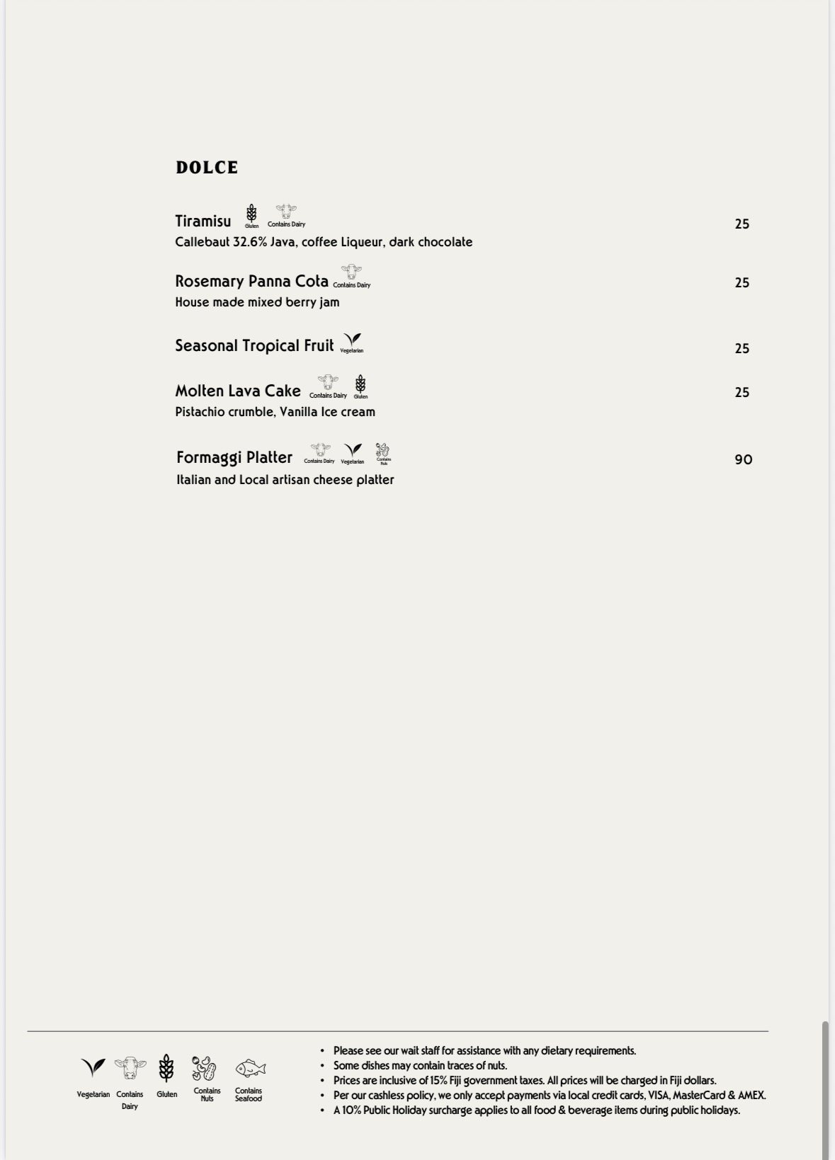 La Bottega sample menu: Desserts, supplied October 2026, with prices in Fiji dollars