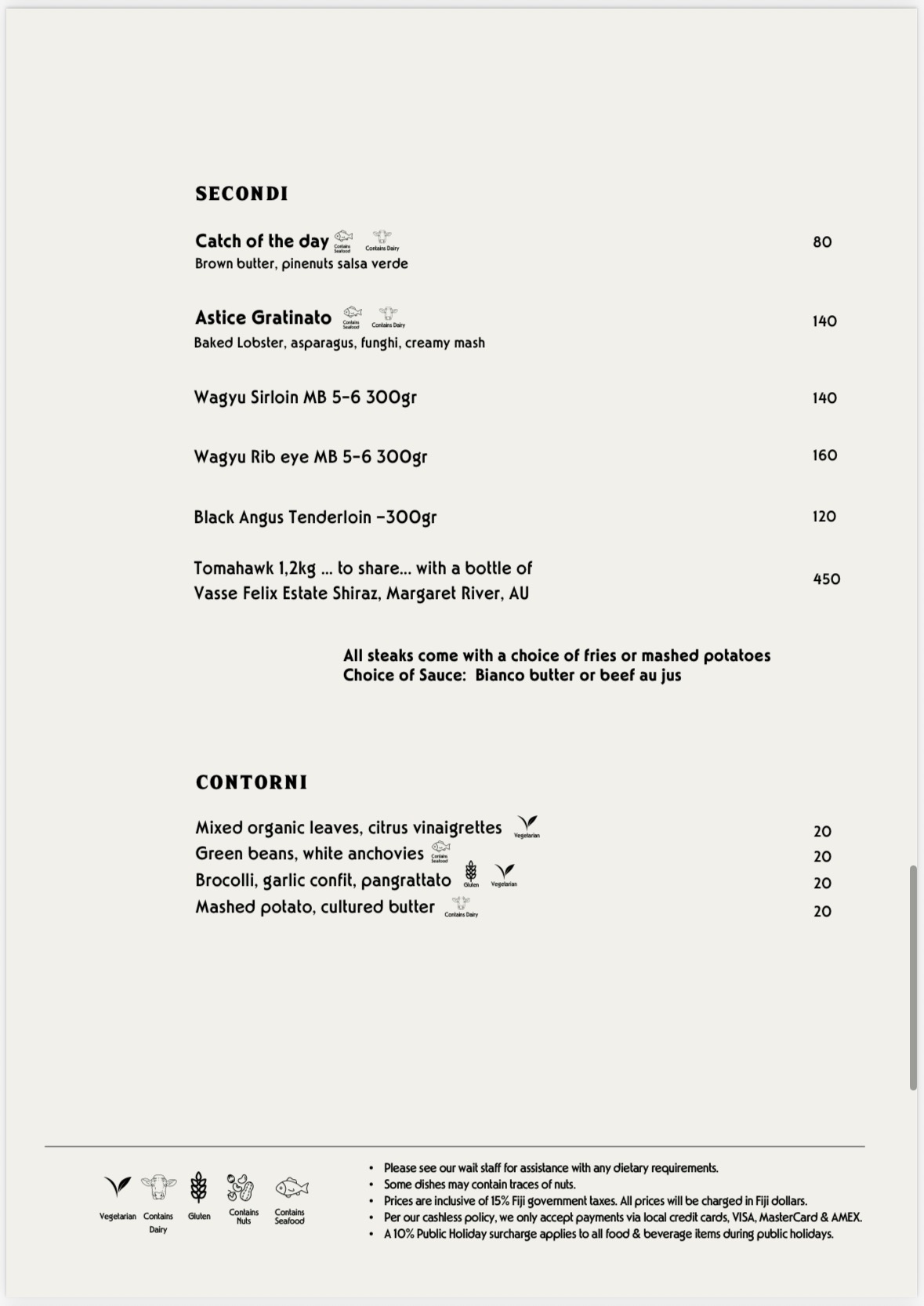 La Bottega sample menu: Mains & sides, supplied October 2026, with prices in Fiji dollars