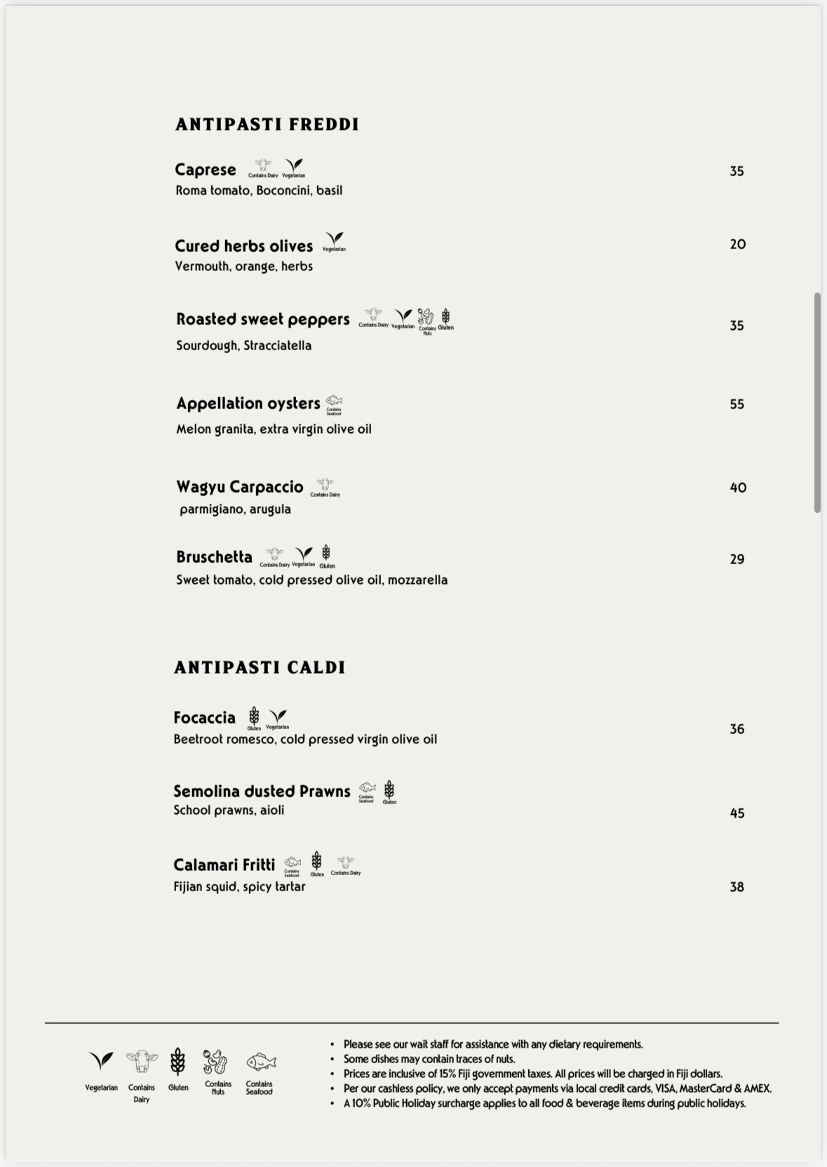 La Bottega sample menu: Cold & hot starters, supplied October 2026, with prices in Fiji dollars